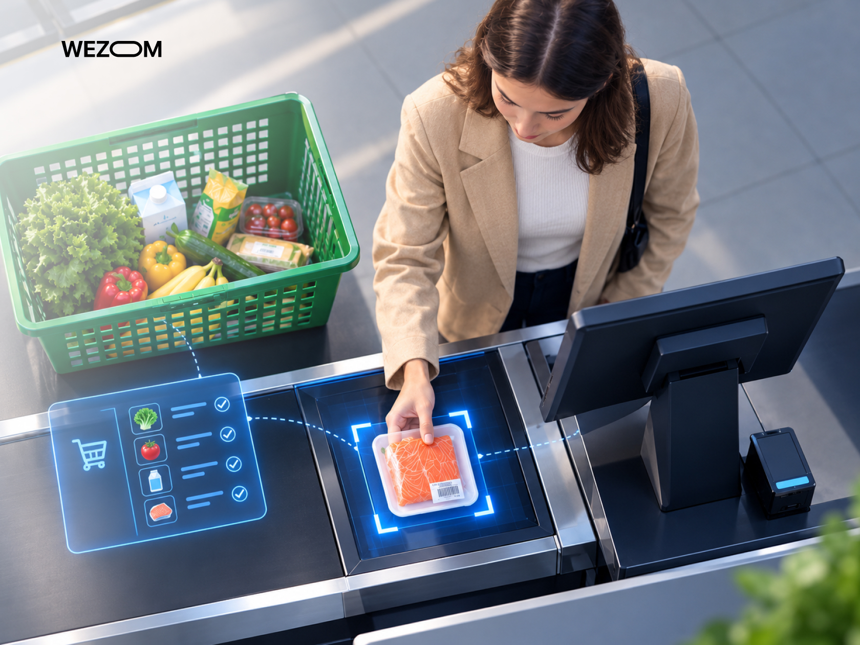 Retail computer vision technology identifying grocery products at a self-checkout station using AI-powered scanning.